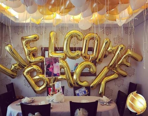 Coming Home Party Ideas, Welcome Home Party Ideas Surprise, Welcome Back Party Ideas, Welcome Home Decorations For Boyfriend, Welcome Back To Work Office, Welcome Home Decorations Ideas Party, Welcome Back Balloons, Welcome Home Party Decorations, Welcome Back Decorations