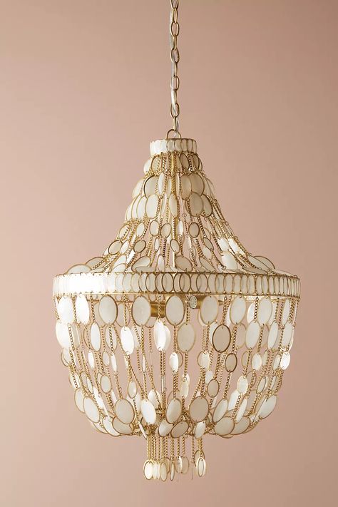 Capiz Chandelier, Bohemian Decorating, Capiz Shell Chandelier, Lake Kitchen, Chandelier Gold, Farmhouse Lamps, Shell Chandelier, Foyer Decorating, Capiz Shell