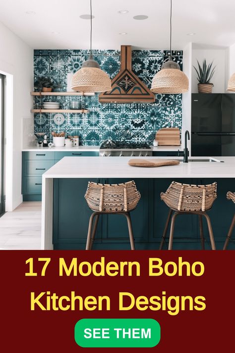 Discover 17 stylish modern boho kitchen design concepts to give your space a trendy and relaxed vibe. From textured surfaces to vibrant pops of color, these ideas will inspire you to create the bohemian kitchen of your dreams. Whether you're looking to incorporate natural elements or unique decor pieces, these designs offer a fresh take on the beloved boho style for your culinary space. Explore the perfect blend of contemporary and bohemian aesthetics for a cozy and inviting kitchen that reflect Boho Kitchen Design, Modern Boho Kitchen, Top Kitchen Trends, Sage Green Kitchen, Boho Interior Design, Bohemian Interior Design, Wallpaper Walls Decor, Bohemian Interior, Boho Kitchen