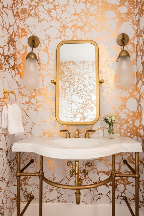 Powder Room Wallpaper Ideas #wallpaper #decoratewithwallpaper #powderroomideas #powderroom #wallpaperideas Bold Wallpaper Bathroom, Bathroom Wallpaper Trends, Aesthetic Bathroom Decor, Bold Bathroom, Powder Room Wallpaper, Wallpaper Geometric, Wallpaper Room, Powder Room Ideas, Wallpaper Bathroom