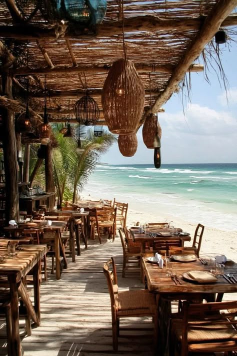 "🌴🍽️ Savor the moment with beachfront dining in Tulum! Enjoy delicious cuisine with your toes in the sand and a view of turquoise waters. Swipe through our images for a taste of this tropical dining experience! 🏝️🌟 #Tulum #BeachfrontDining #MexicoTravel" Beach Shack Aesthetic, Tulum Bar, Restaurant Design Rustic, Beachfront Restaurant, Tulum Restaurants, Outdoor Restaurant Design, Beach Dinner, Beach Shack, Outdoor Restaurant