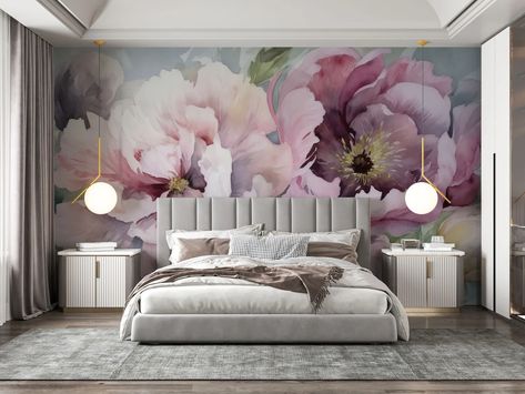 Pastel and Light Colors Watercolor Soft Floral Wall Mural Peel and Stick Peonies Blossom Wallpaper - Etsy Floral Feature Wall Bedroom Ideas, Wallpaper Backgrounds For Bedroom, Floral Wallpaper Bedroom Ideas, Floral Wall Bedroom, Purple Wallpaper Bedroom, Pink Floral Wallpaper, Floral Wall Mural, Blossom Wallpaper, White Floral Arrangements