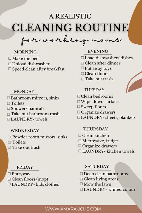 The Best Realistic CLEANING SCHEDULE FOR Working MOMS - Amara Uche Cleaning Routine For Working Moms, Realistic Cleaning Schedule, Tips For Working Moms, Simple Cleaning Routine, Cleaning Organization, Deep Cleaning Checklist, Family Compound, Cleaning Schedule Printable, Clean House Schedule