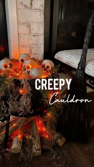 Cauldron Outdoor Decor, Decorating With Cauldrons, Halloween Skull Diy Decor, Caldron Halloween Diy, Skeleton In Cauldron, Halloween Witches Cauldron, Moss Halloween Decor, Diy Light Up Cauldron, Outdoor Cauldron Ideas