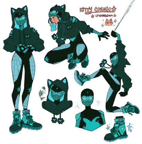 Kitty Cosmic Spidersona, Spider Bunny Oc, Spiderverse Oc Ideas, Superhero Characters Design, Spidersona Oc Black, Spider Verse Oc Female, Bunny Spidersona, Goth Spiderman Oc, Cute Full Body Pose Reference