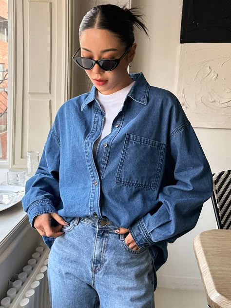 Cute Denim Shirt Outfits, Blue Denim Shirt Outfit Women Casual, Over Sized Denim Shirt, Denim Shirt And Denim Jeans Outfit, Denim Shirt Women Outfit, Long Sleeve Denim Shirt Outfit, Blue Jean Shirts For Women Outfit, Blue Denim Shirt Women Outfit, Denim Shirts For Women Outfits