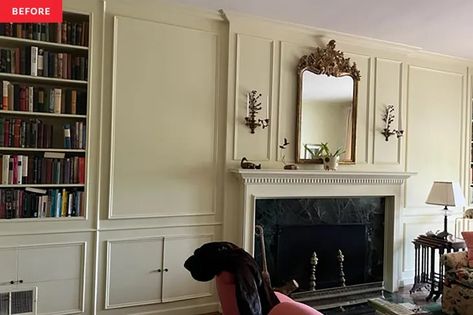 See a Stager's Vintage Trim Molding Fireplace Makeover | Apartment Therapy Molding Fireplace, Fireplace In Living Room, Mirror And Sconces, Above Fireplace, Picture Molding, Benjamin Moore White, 1950s House, Gallon Of Paint, Picture Frame Molding