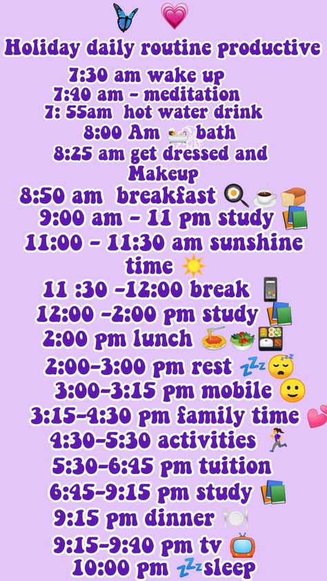 Everyday Study Routine, School Holiday Schedule, Winter Holiday Routine, School Holiday Routine, Productive Holiday Routine, Winter Daily Routine, Holiday Study Timetable, Winter Study Routine, Winter Break Morning Routine