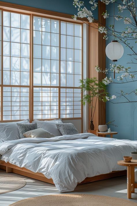 29 Minimal Blue Bedroom Ideas 7 Blue Earthy Bedroom, Uncluttered Bedroom, Fall Bedroom Ideas, Blue Bedroom Ideas, Japanese Bedroom, Peaceful Bedroom, Cozy Fall Bedroom, Minimal Bedroom, Zen Bedroom