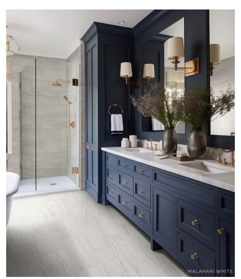 White And Dark Blue Bathroom, Marine Bathroom, Dark Blue Bathrooms, Blue Bathroom, Bathroom Interior Design, Bathroom Interior, Furniture Decor, White, Interior Design