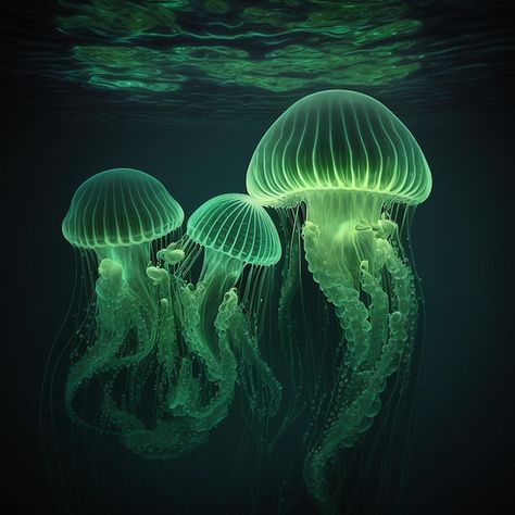 Glowing jellyfish with long tentacles in... | Premium Photo #Freepik #photo #jellyfish #ocean-fish #jelly-fish #tropical-fish Jellyfish Tentacles, Glowing Jellyfish, Diy Jellyfish, Dark Water, Jelly Fish, Sealife, Underwater World, Vector Photo, Premium Photo