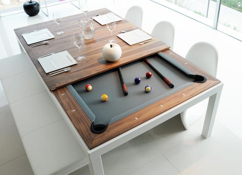 A fusion table is a new dimension in dining! Once dinner is over, take away the dishes, slide back the table top and voila! A pool table awaits. Custom Pool Tables, Pool Table Dining Table, Hidden Pool, Pool Table Room, Billiards Table, Chairs And Tables, Designer Kitchen, Pool Rooms, Pong Table