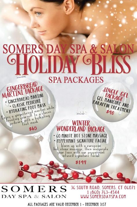 Somers Day Spa & Salon Holiday Spa Packages 2016 Winter Spa Treatments, Spa Promotion Ideas, Esthetic Studio, Spa Promo, Med Spa Marketing, Massage Pictures, Therapy Business, Newsletter Ideas, Christmas Promo