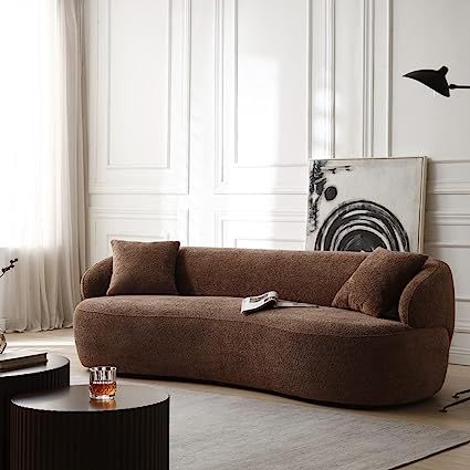 Sofa Table Behind Curved Sectional, Brown Curved Sofa, Modern French Living Room Decor, Brown Corduroy Couch, Colorful Living Room Inspiration, Small Space Couch, German Bedroom, Velour Couch, Chocolate Brown Couch