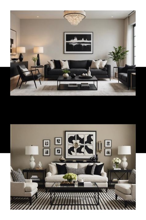 Modern living rooms with neutral color palettes, featuring sofas, coffee tables, and wall art. Black White Beige Living Room, White Beige Living Room, White And Beige Living Room, Beige And Black Living Room, Black And Cream Living Room, Black Couch Living Room Decor, Beige Sofa Living Room, Neutral Family Room, Black Couch Living Room