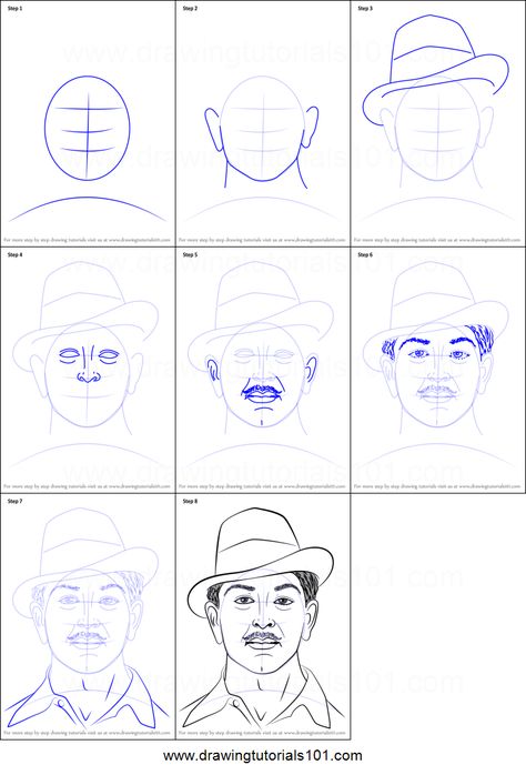 How to Draw Bhagat Singh printable step by step drawing sheet : DrawingTutorials101.com Bhagat Singh Outline Drawing, Bagath Singh Drawings, Bhagat Singh Sketch Pencil, How To Draw Potrait Sketch Step By Step, Bhagat Singh Drawing Easy, National Leaders Drawing, How To Make Portrait, Bhagat Singh Drawing Pencil, Indian Army Drawings