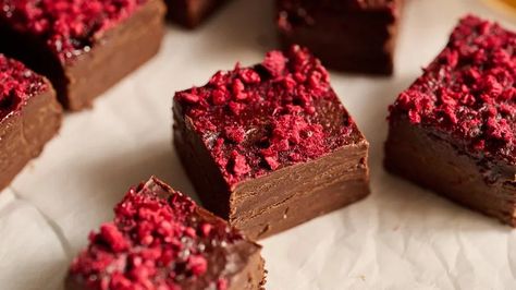 Dark Chocolate Raspberry Fudge Recipe Dark Chocolate Raspberry Fudge Recipe, Chocolate Raspberry Fudge, Raspberry Fudge, Healthy Baking Substitutes, Dark Chocolate Raspberry, Fudge Ingredients, Healthy Candy, Dark Chocolate Fudge, Freeze Dried Raspberries