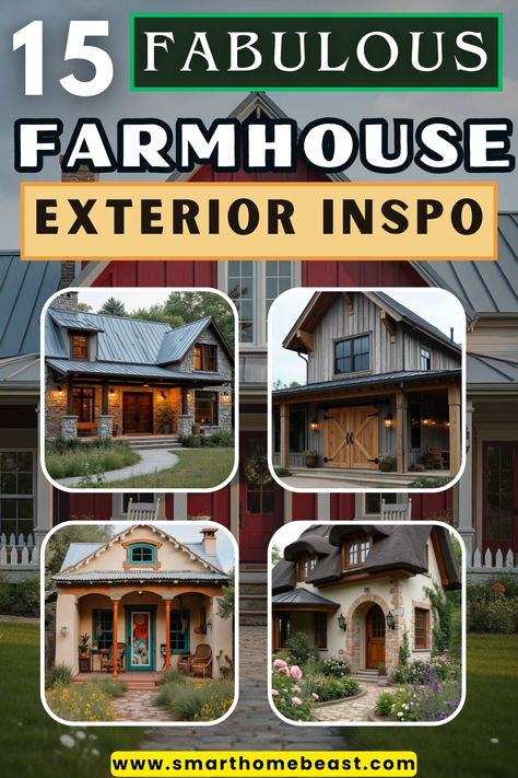 An image showcasing a collection of unique farmhouse exteriors, each with a distinct style, featuring rustic wood, stone, and metal elements, highlighting cozy porches and beautiful landscaping. Home Exterior Upgrades, Farmhouse Siding Exterior, Exterior Home Makeover, Farmhouse Exterior Ideas, Exterior Upgrades, Farmhouse Exteriors, Home Transformation, Welcoming Home, Exterior Design Ideas