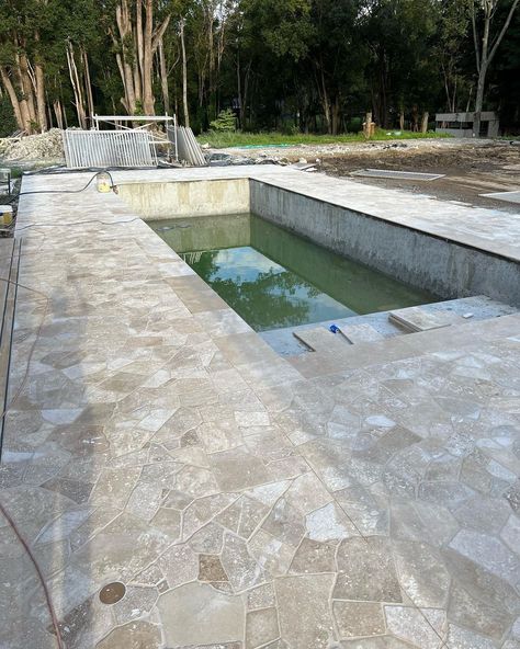 Crazy Pave Pool Area, Crazy Pave Pool, Crazy Pave, Fence Around Pool, Raised Pools, Travertine Tiles, Outdoor Pool Area, Crazy Paving, Timber Ceiling