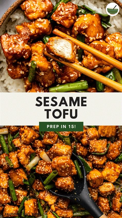 This 35 minute Sesame Tofu is made simple with crispy, oven-baked tofu and a homemade sweet and savory sesame sauce. Vegan, Gluten-Free. Tofu Marinade, Sesame Tofu, Tofu Recipes Vegan, Mapo Tofu, Tofu Dishes, Sesame Sauce, Crispy Tofu, Deep Frying, Baked Tofu