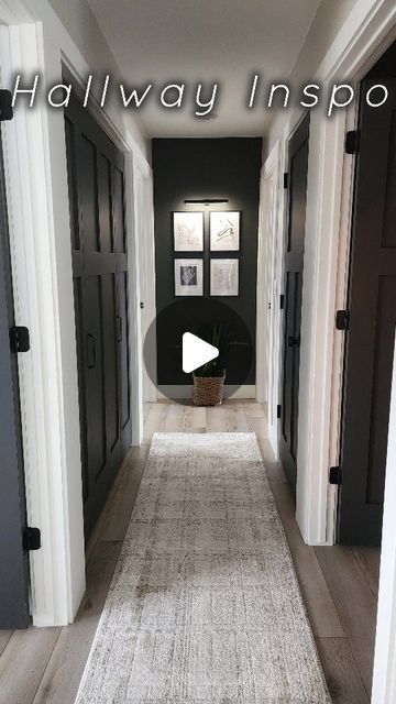 Black Hallway Ceiling, Hallway With Black Doors, Hallway Doors Painted, Painted Hallway Doors, Windfresh White, End Of Hallway Decor Ideas, Hallway Door Ideas, Hallway Paint Ideas, Hallway Wall Ideas