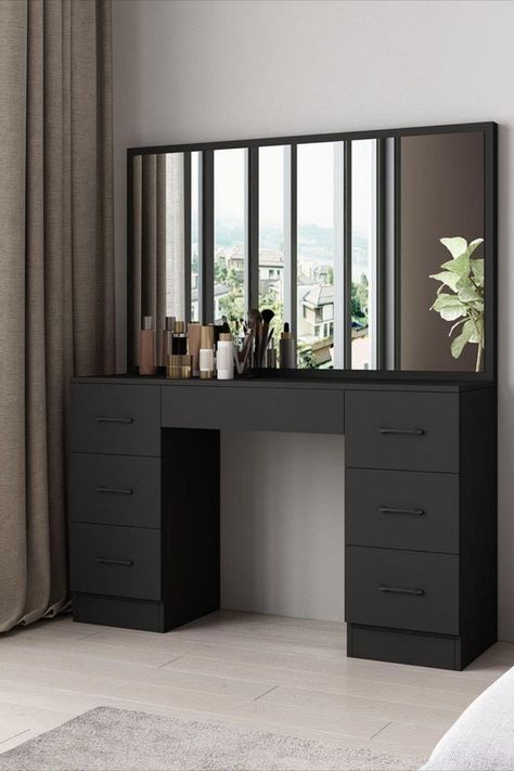 Black Dresser Bedroom, Bedroom Furniture Black, Black Vanity Desk, Vanity In Bedroom, Black Dressing Tables, Dresser Makeup, Black Bedroom Sets, Ikea Black, Bedroom Vanity Set