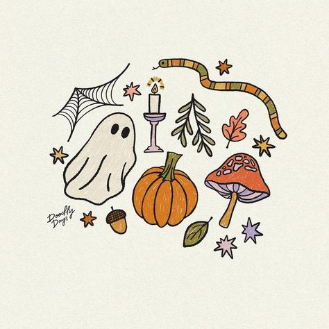 Spooky Cute Illustration, Fall Digital Art, October Doodles Bullet Journal, Ghost Bullet Journal, Autumn Doodles, Elements Art, Digital Art Procreate, Leaves Doodle, Spooky Candles