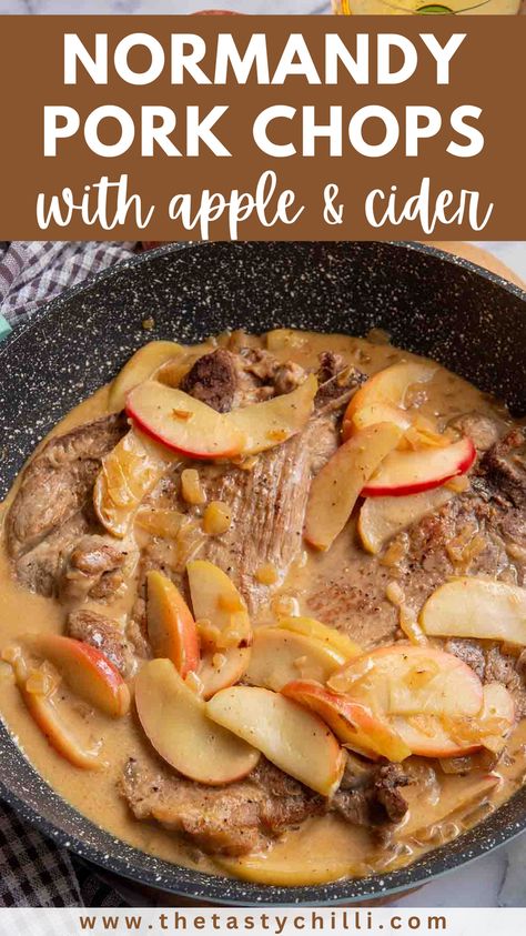 This pork chops with apples recipe is inspired by the beautiful and delicious flavors of Normandy, a region in northern France famous for its cider, apples and rich cuisine. It’s a sweet and savory dish where the pork chops are first pan seared and then simmered in a heavenly sauce made from apples, cider and cream. Normandy pork chops with apples and cider is a satisfying, flavorful dish perfect for a comforting and cozy fall or winter meal. Pork In Cider Slow Cooker, Pork Chop Recipes Apple Cider, Pork Normandy Recipe, Pork Chops Apple Cider, Pork Chops With Apples And Onions, Winter Pork Chop Recipes, Fall Pork Recipes, Pork Chop And Apple Recipes, Pork Chops And Apples Recipes