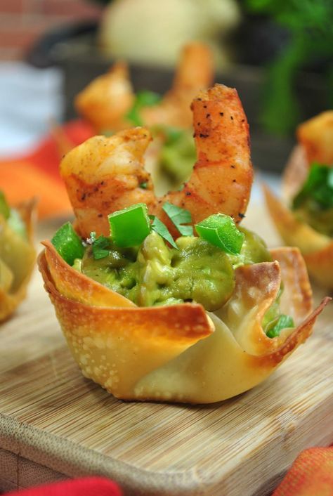 Shrimp Avocado Wonton Cup Appetizer Recipe Guacamole Cups, Shrimp Avocado Recipes, Avocado Appetizers, Wonton Appetizer Recipes, Shrimp Cups, Wonton Cups Appetizers, Wonton Appetizers, Avocado Appetizer, Avocado Shrimp