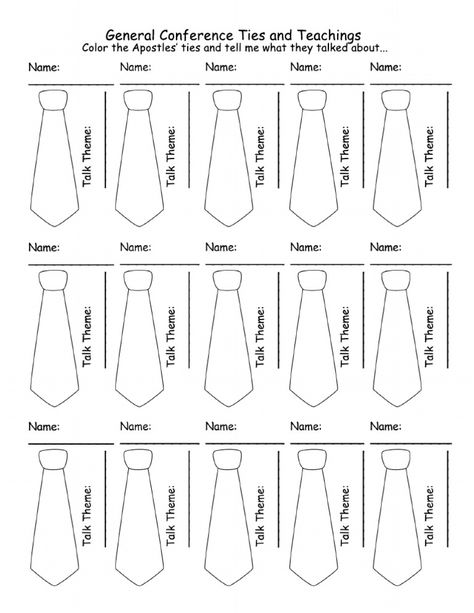 Neckties for kids to color to keep their attention during Conference sessions. Also makes a great handout to inspire Primary kids to watch conference. General Conference Coloring Pages, Conference Coloring Pages, Lds Conference Activities, General Conference Activities For Kids, Lds General Conference Activities, General Conference Packets, Conference Activities, General Conference Activities, Conference Ideas