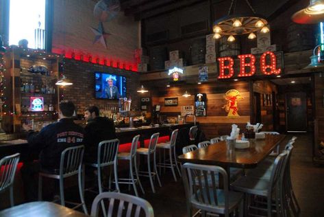 The interior of BAR Q Restaurant in Stamford, Conn. on Friday march 22, 2013. Photo: Dru Nadler / Stamford Advocate Freelance Bbq Restaurant Design, Meat Bar, Resturant Decor, Restaurant Design Rustic, Sport Bar Design, Bbq Food Truck, Bbq Shop, Bbq Bar, Food Bbq