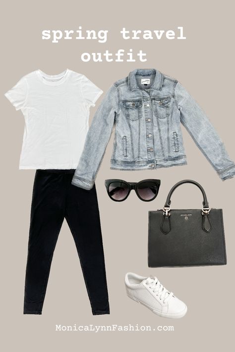 Spring travel outfit ideas; travel in style and comfort this spring with these travel outfit ideas; travel layers Denim Jacket Travel Outfit, Black Cardigan For Spring Vacation, Black Cardigan For Spring, Black Summer Cardigan Casual Style, Trendy Black Spring Cardigan, Denim Jacket Outfit Black, Black Summer Cardigan, Casual Style, Outfit Ideas Travel, Spring Travel Outfits