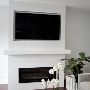 Linear Fireplace Mantle Ideas & Photos | Houzz Contemporary Fireplace Mantel, Modern White Mantel Fireplace, Linear Fireplace Mantle Ideas, Linear Fireplace With Mantle And Tv, Linear Fireplace Surrounds And Mantels, Linear Fireplace Surround Ideas, Mantle Electric Fireplace, Linear Fireplace Mantle, Matte Fireplace