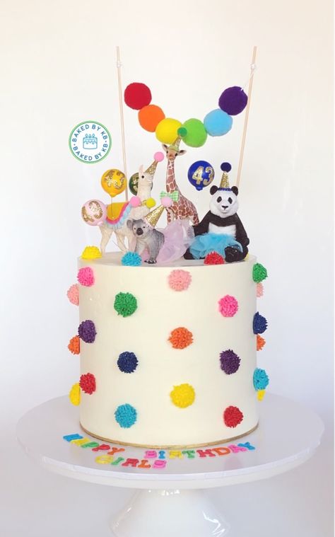 Pom Pom Cake, Cakes Rainbow, Party Animal Cake, Zoo Cake, Party Animal Birthday, Rainbow Pom Pom, Animal Themed Birthday Party, 2nd Birthday Party For Girl, Animal Birthday Cakes