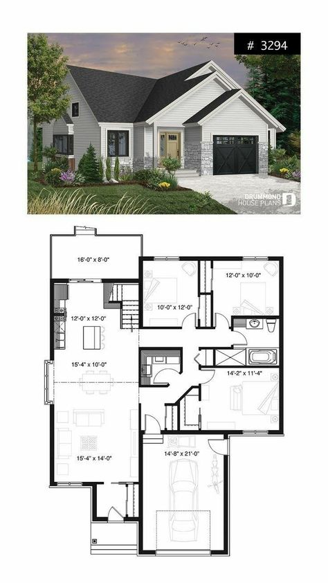 House Plans Small One Story, House Plans With Garage, 3 Bedroom Home Floor Plans, Open Concept House Plans, Ceiling Kitchen, Basement House Plans, House Plans 3 Bedroom, House Plans One Story, 4 Bedroom House Plans