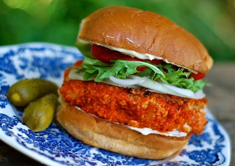 super crunch buffalo cauliflower sandwich - ChinDeep Buffalo Cauliflower Burger, Peach Soup, Cauliflower Sandwich, Cauliflower Burger, Buffalo Cauliflower Recipes, Cauliflower Buffalo Wings, Spicy Cauliflower, Buffalo Chicken Sandwiches, Buffalo Cauliflower Bites