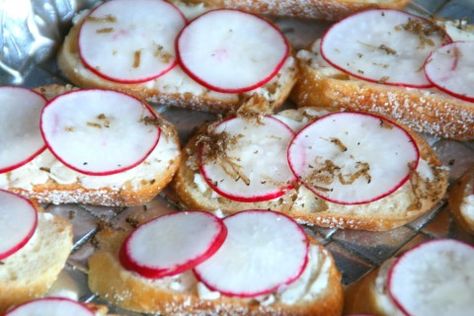 Radish and Truffle Butter Tartines Ladies Luncheon, Truffle Butter, Sliced Baguette, Sandwiches For Lunch, Radishes, Edible Flowers, Vegetarian Cheese, Sandwich Recipes, Clean Eating Snacks