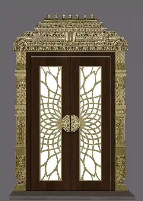 Pooja Doors - Unique Brass Pooja Room Door Designs Main Doors With Brass Design, Brass Main Door Designs, Brass Pooja Room Door, Pooja Door Glass Design, Pooja Room Double Door Design Modern, Pooja Room Glass Door Design Modern, Latest Pooja Room Door Designs, Pooja Room Door Design Traditional, Pooja Room Glass Door Designs