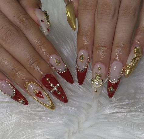 Gold And Red Nails Acrylic, Red And Gold Nails, Angel Nails, Golden Nails, Red Acrylic Nails, Vintage Nails, Drip Nails, Gold Nail, Pearl Nails