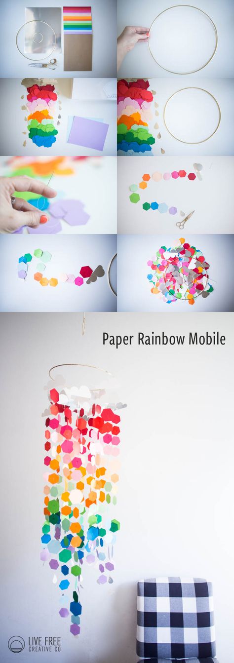 Because it has been feeling a lot like spring around here, I decided to celebrate with this bright and colorful Paper Rainbow Mobile DIY. Come make one! Rainbow Mobile Diy, Paper Mobiles, Mobile Diy, Paper Rainbow, Mobile Girl, Rainbow Mobile, Paper Mobile, Rainbow Parties, Diy Rainbow