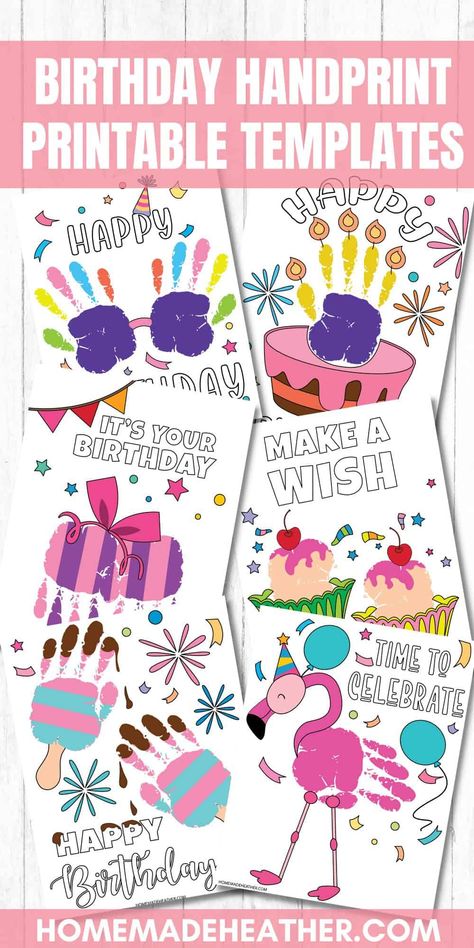 Birthday Handprint Art Printable Templates Birthday Card With Handprints, Handprint Art For Grandma Birthday, Handprint Template Free Printable, Free Handprint Printable, Handprint Birthday Card For Dad, Hand Print Birthday Cards, Birthday Crafts For Grandma, Handprint Birthday Card, Birthday Handprint Art