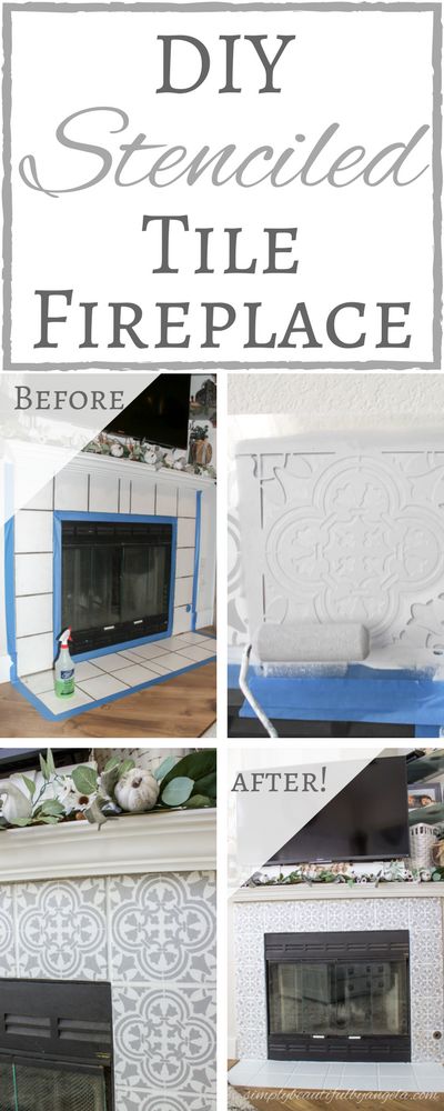 DIY Stenciled Tile Fireplace | Simply Beautiful By Angela Paint Fireplace Tile, Stenciled Tile, Fireplace Makeovers, Diy Home Decor Living Room, Fireplace Redo, Diy Fireplace Makeover, Tile Fireplace, Paint Fireplace, Architecture 3d