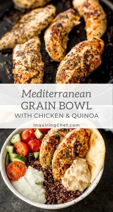 Cava Lemon Chicken Bowl Copycat, Meteranian Chicken Bowl, Mediterranean Chicken Quinoa Bowl, Meditarian Food, Chicken And Quinoa Recipes, Chicken And Quinoa Bowl, Mediterranean Bowl Recipe, Mediterranean Quinoa Bowl, Chicken Quinoa Recipes