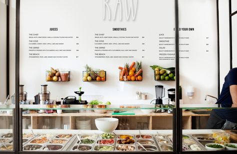 The juicing trend has leaked into Canada where "RAW" has taking their place  in the market with their local and organic beverages. Creperia Ideas, Salad Bar Restaurants, Juice Bar Interior, Juice Cafe, Salad Shop, Juice Bar Design, Smoothie Shop, Health Bar, Smoothie Bar