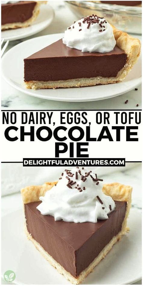 Indulge in this luscious, decadent, melt-in-your-mouth vegan chocolate pie, free from tofu, soy, nuts, and dairy! With just four ingredients and a few minutes, you can create this easy, plant-based dessert. Opt for a homemade or store-bought crust (regular or gluten-free). Everyone will be amazed by this creamy, impressive vegan treat that's simpler to make than it looks. Dairy Free Pie Filling, Dairy Free Pie Recipes, Vegan Chocolate Pie Recipe, Gluten Free Chocolate Pie, Dairy Free Chocolate Dessert, Vegan Chocolate Pie, Dairy Free Pies, Soy Free Desserts, Dairy Free Thanksgiving