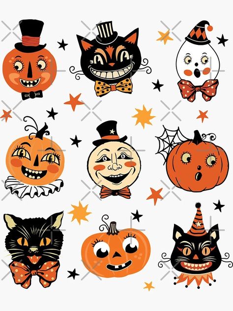 "Vintage Halloween Folk Art Retro Pumpkins and Cats Pattern" Sticker for Sale by PUFFYP | Redbubble Vintage Halloween Aesthetic Decor, Halloween Vintage Aesthetic, Vintage Halloween Decorations Diy, Retro Halloween Decorations, Halloween Canvas Paintings, Vintage Halloween Party, Vintage Halloween Art, Pumpkin Drawing, Pumpkin Illustration