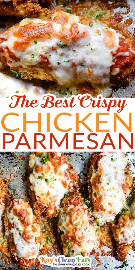 This Crispy Chicken Parmesan is the best! It is so crispy and covered in marinara sauce and melty mozzerla cheese. This chicken parmesan is pan-fried then oven-baked for seriously the best chicken parmesan! It never comes out soggy and truly is so delicious. Did you know that this is one of the most order chicken dishes in the world?! Rightfully so it always hits the spot and the kids also love it. My family loves this dish... | @kayscleaneats Chicken Parmesan Recipe Oven, Crispy Chicken Parmesan Recipe, Crispy Chicken Parmesan, Best Chicken Parmesan, Chicken Parmesan Recipe Easy, Chicken Parmesan Recipe Baked, Chicken Cutlet Recipes, Oven Baked Chicken Parmesan, Chicken Breast Recipes Baked