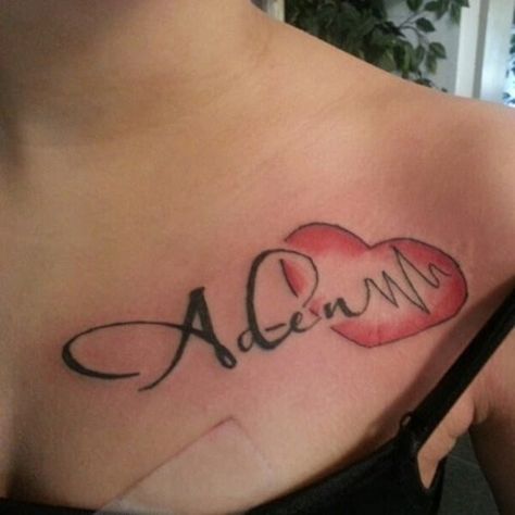 For that someone who is as important to you as your own heartbeat, this is a great way to show how much they mean to you. The name starts out beautifully in curvy letters and almost effortlessly morphs into a heartbeat set inside a bright and beautiful heart.  #tattoofriday #tattoos #tattooart #tattoodesign #tattooidea Name Tattoo On Chest Female, Tattoo Name Ideas, Tattoo On Chest, Small Tattoo Placement, Heartbeat Tattoo, Tattoo Female, Tattoo Name, Shape Tattoo, Omerta Tattoo