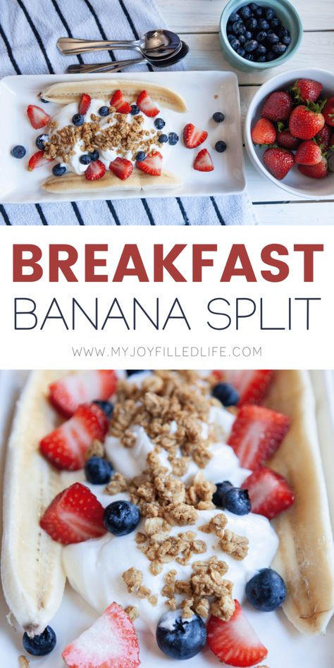 Who says you can't treat yourself at breakfast? This Breakfast Banana Split is the PERFECT way to kick off any day! Banana Split Yogurt, Apple Breakfast Cake, Breakfast Banana Split, Healthy Banana Split, Banana Split Recipes, Morning Treats, Breakfast Banana, March Break, Beautiful Breakfast