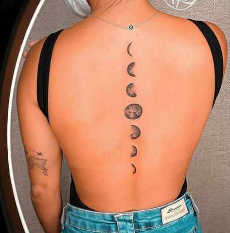 Spin Moon Tattoo, Phases Of The Moon Tattoo Spine, Back Tattoo Women Moon, Luna Tattoo Design, Moon Phases Tattoo Spine, Moon Tattoo Back, Moon Tattoo Designs For Women, Moon Back Tattoo, Teen Wolf Tattoo